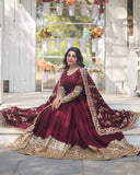 Ready To Wear Maroon Soft Georgette Embroidery Work Anarkali Gown With Dupatta