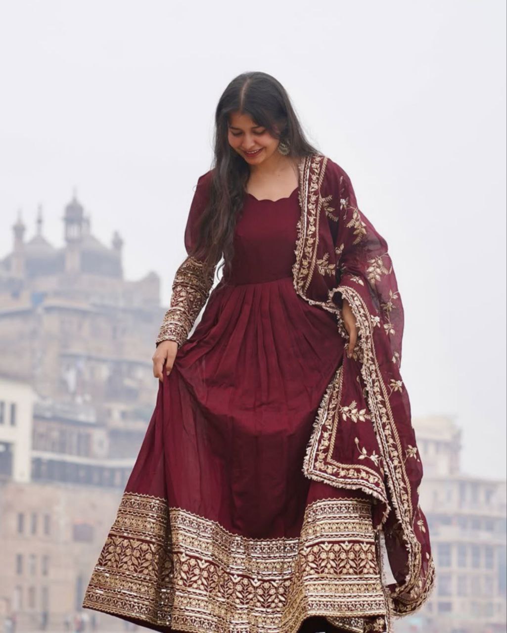 Ready To Wear Maroon Soft Georgette Embroidery Work Anarkali Gown With Dupatta