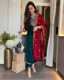 Ready To Wear Dark Green Chinon Silk Embroidery Work Pant Suit With Red Dupatta
