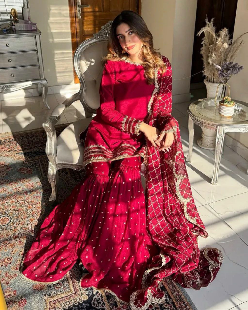 Ready To Wear Red Soft Georgette Embroidery Work Gharara Suit With Dupatta