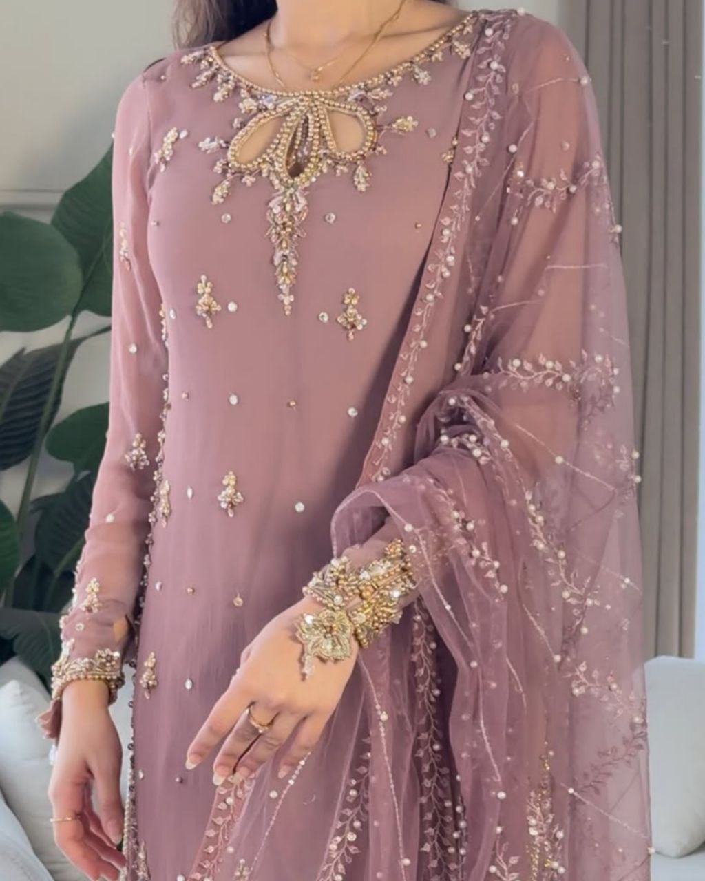 Ready To Wear Mauve Pink Soft Georgette Embroidery Work Palazo Suit With Dupatta