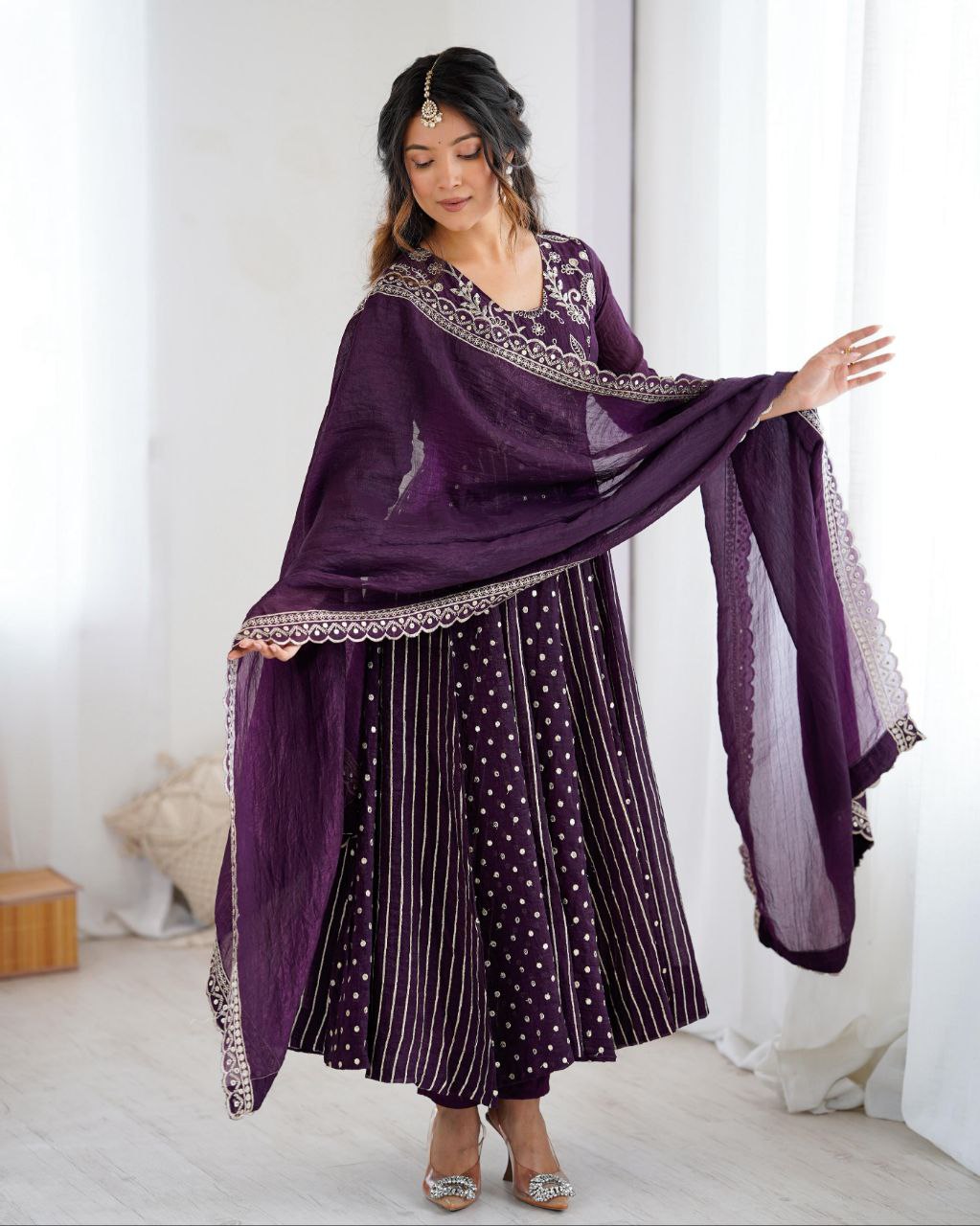Ready To Wear Purple Silk Embroidery Work Anarkali Suit With Dupatta