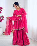 Exclusive White & Pink Chanderi Silk Hand Work Gharara Suit With Dupatta