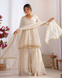 Exclusive White & Pink Chanderi Silk Hand Work Gharara Suit With Dupatta