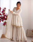 Exclusive White & Pink Chanderi Silk Hand Work Gharara Suit With Dupatta