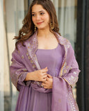 Ready To Wear Lavender & Brown Silk Embroidery Work Anarkali Suit With Dupatta