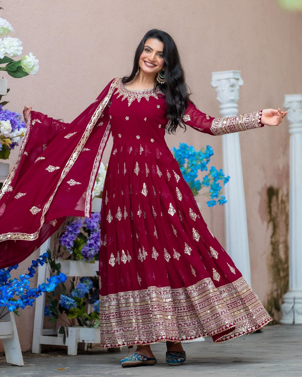 Ready To Wear Maroon & Yellow Soft Georgette Sequence Work Anarkali Gown With Dupatta