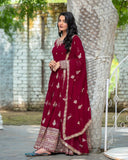 Ready To Wear Maroon & Yellow Soft Georgette Sequence Work Anarkali Gown With Dupatta