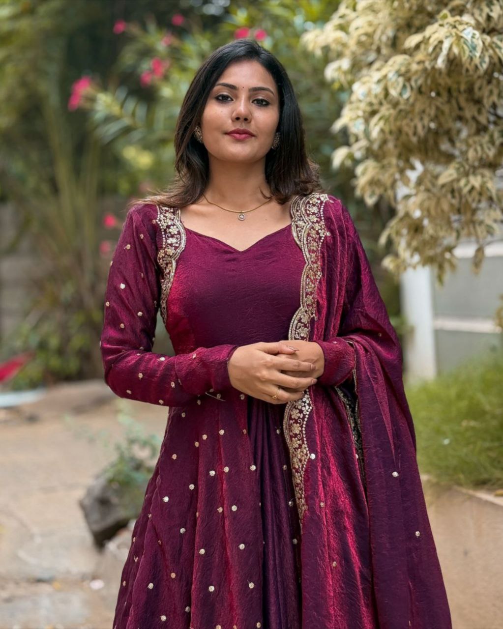 Ready To Wear Rama & Maroon Silk Embroidery Work Anarkali Suit With Dupatta
