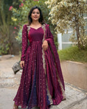 Ready To Wear Rama & Maroon Silk Embroidery Work Anarkali Suit With Dupatta