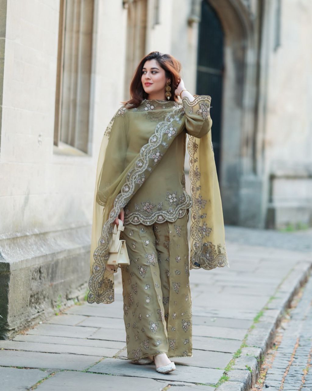 Ready To Wear Olive Green Crep Silk Embroidery Work Farshi Suit With Dupatta