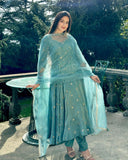 Exclusive Aqua Green Silk Embroidery Work Anarkali Suit With Dupatta