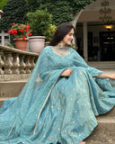 Exclusive Aqua Green Silk Embroidery Work Anarkali Suit With Dupatta