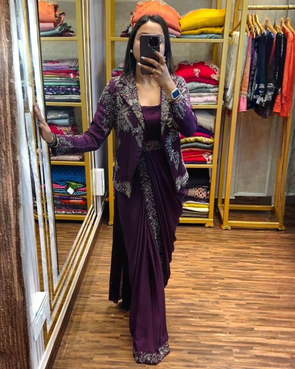 Ready To Wear Black & Purple Chinon Silk Embroidery Work Saree With Blouse And Koti