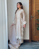 Ready To Wear Beige Silk Hand Work Farshi Suit With Dupatta