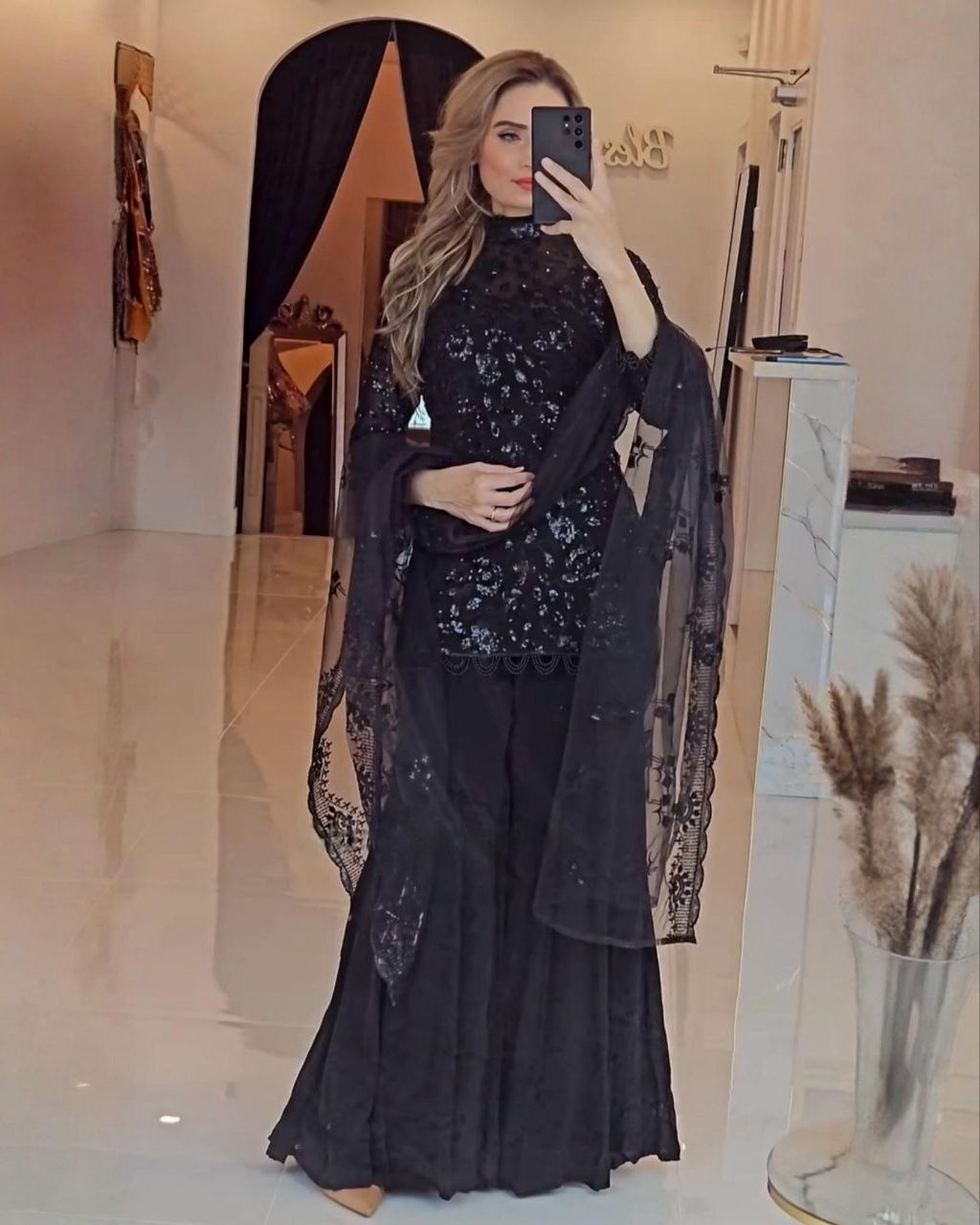 Ready To Wear Black Soft Georgette Sequence Work Gharara Suit With Dupatta