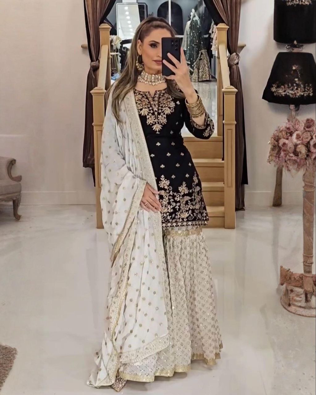 Ready To Wear Black & Cream Embroidery Work Gharara Suit With Dupatta