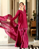 Ready To Wear Cherry Red Crep Silk Embroidery Work Farshi Suit With Dupatta