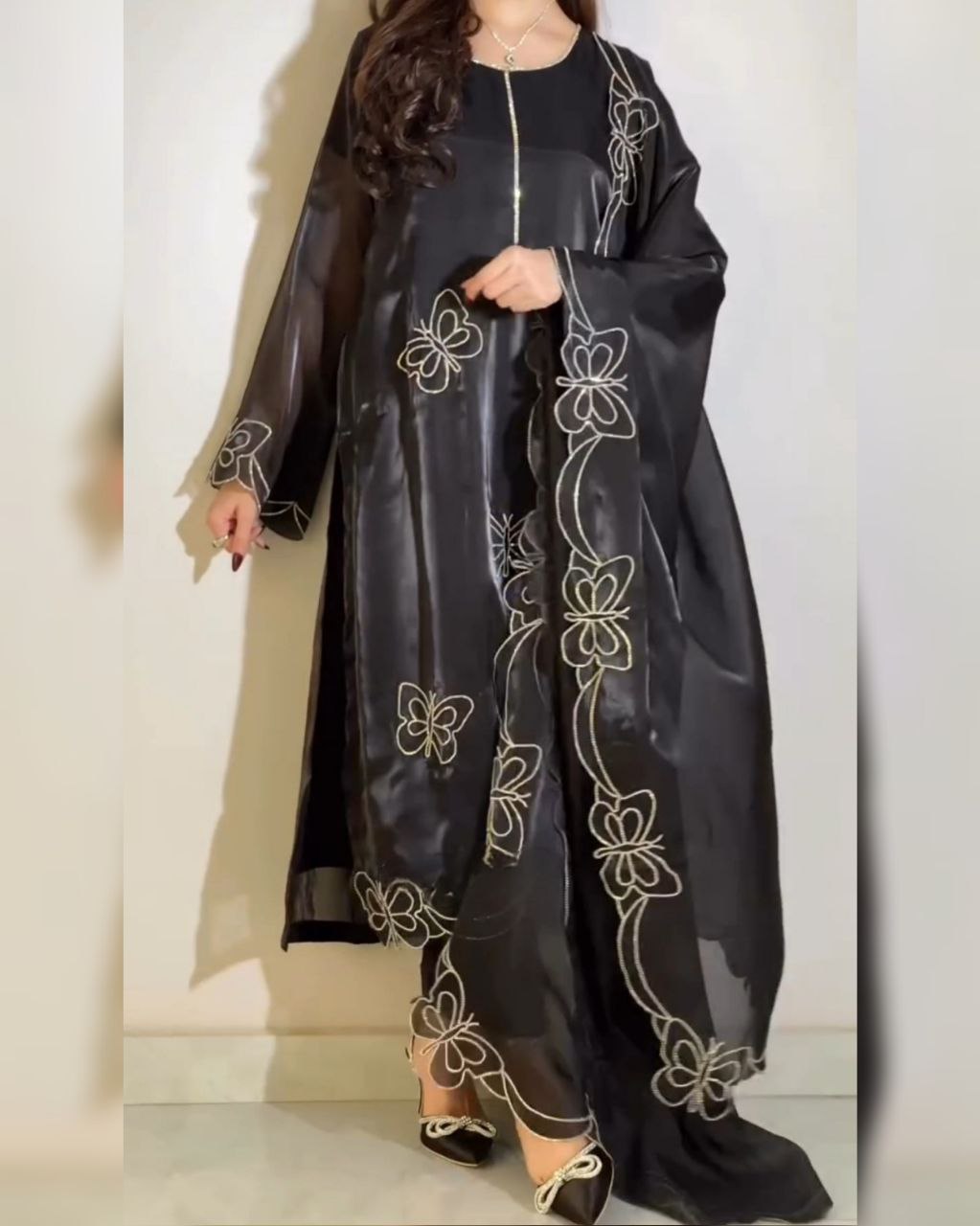 Ready To Wear Black Silk Diamond Work Pakistani Suit With Dupatta