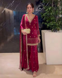 Exclusive Magenta Pink Jimmy Silk Sequence Work Sharara Suit With Dupatta