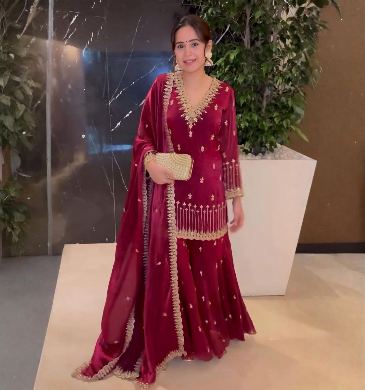 Exclusive Magenta Pink Jimmy Silk Sequence Work Sharara Suit With Dupatta