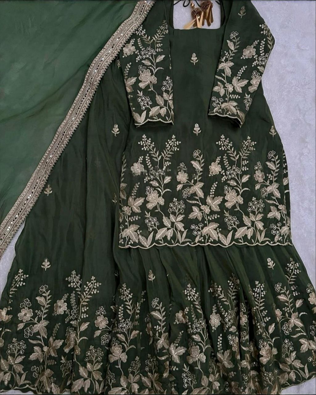 Ready To Wear Olive Green Chinon Silk Embroidery Work Sharara Suit With Dupatta
