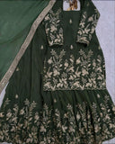 Ready To Wear Olive Green Chinon Silk Embroidery Work Sharara Suit With Dupatta