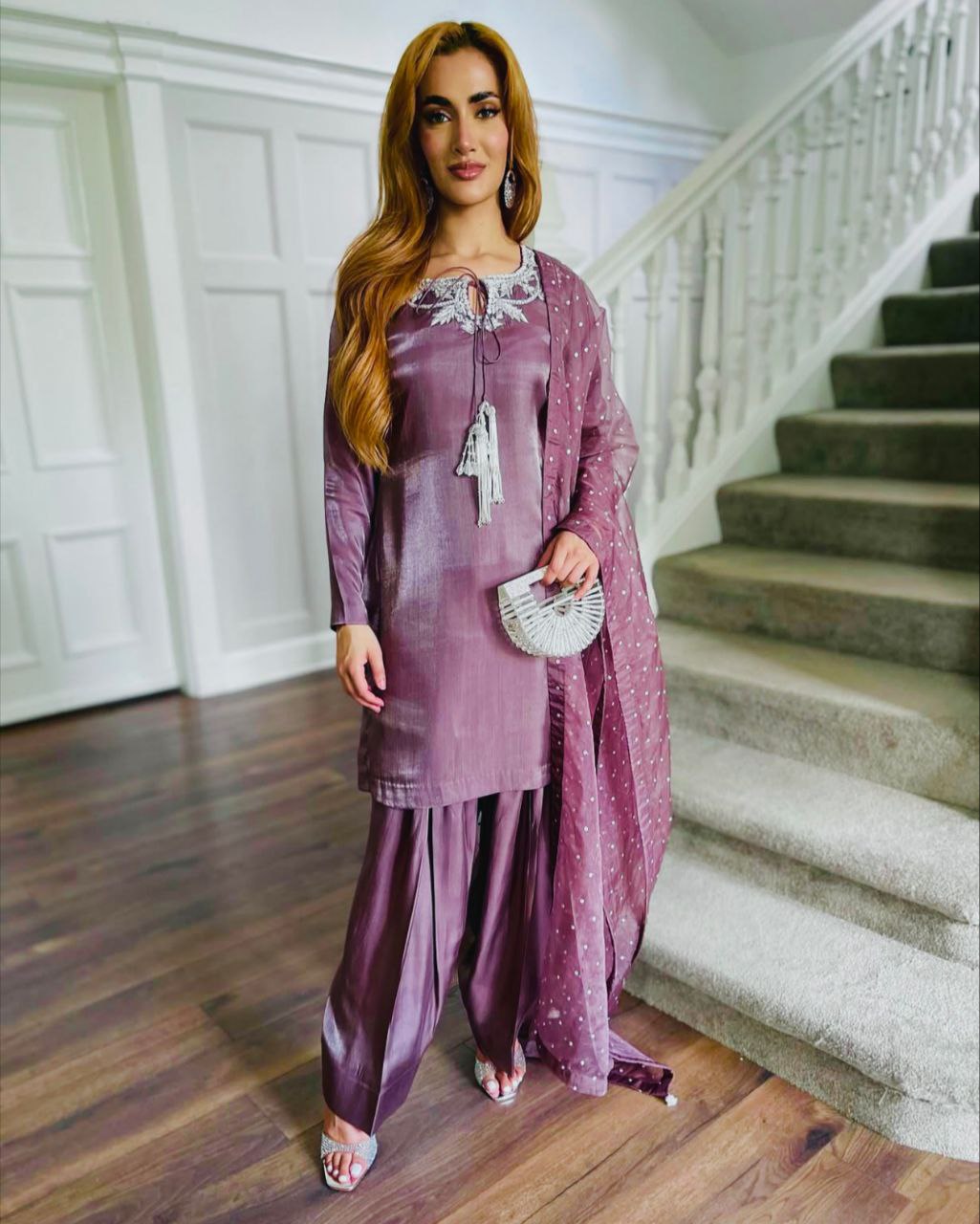 Ready To Wear Onion Pink Silk Hand Work Farshi Suit With Dupatta