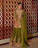 Ready To Wear Pink & Green Chinon Silk Embroidery Work Sharara Suit With Dupatta