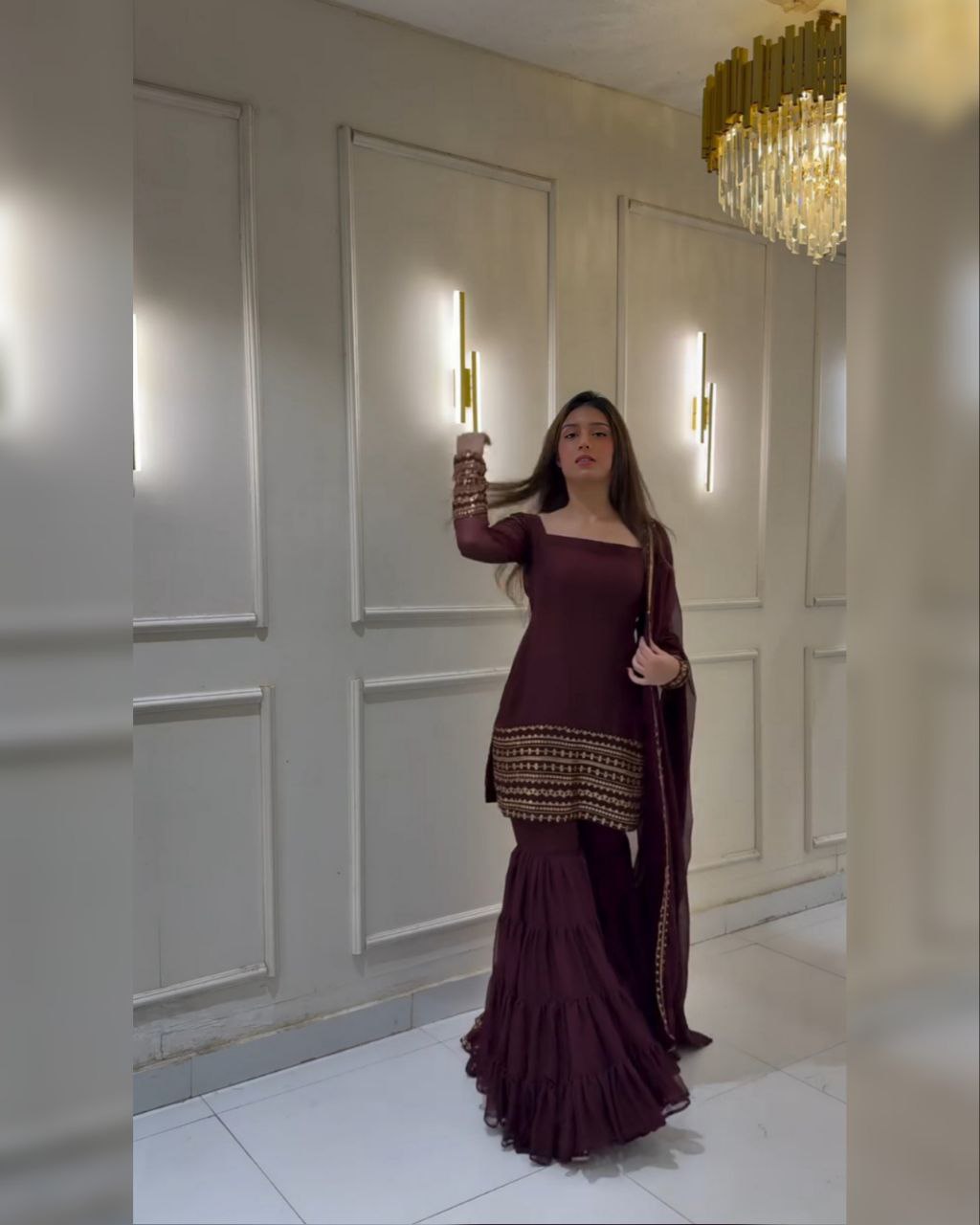 Ready To Wear Wine Soft Georgette Thread Work Gharara Suit With Dupatta