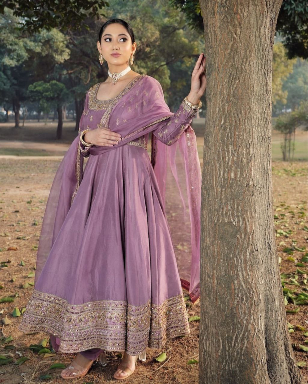 Ready To Wear Lilac Roman Silk Sequence Work Anarkali Suit With Dupatta