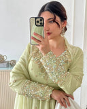 Ready To Wear Pale Lime Soft Georgette Embroidery Work Anarkali Suit With Dupatta