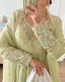 Ready To Wear Pale Lime Soft Georgette Embroidery Work Anarkali Suit With Dupatta