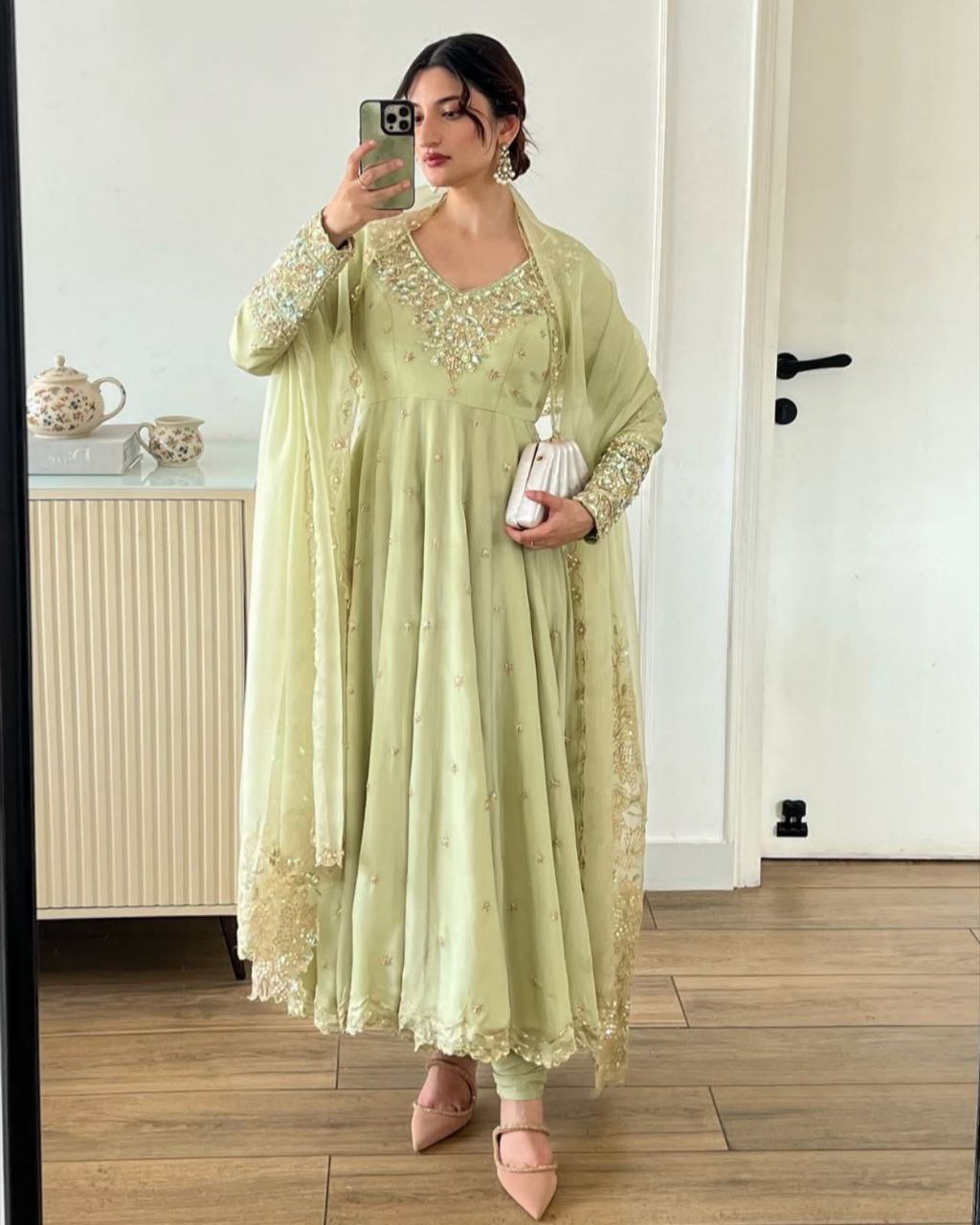 Ready To Wear Pale Lime Soft Georgette Embroidery Work Anarkali Suit With Dupatta