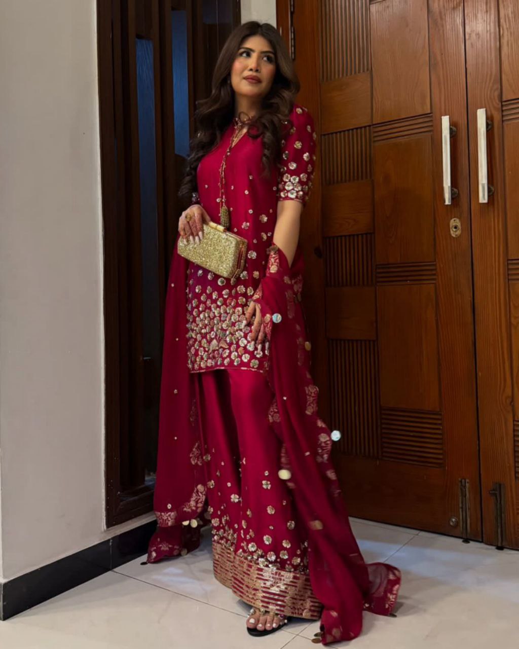 Ready To Wear Red Silk Sequence Work Farshi Suit With Dupatta