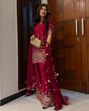 Ready To Wear Red Silk Sequence Work Farshi Suit With Dupatta
