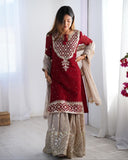 Ready To Wear Maroon Soft Georgette Embroidery Work Gharara Suit With Dupatta