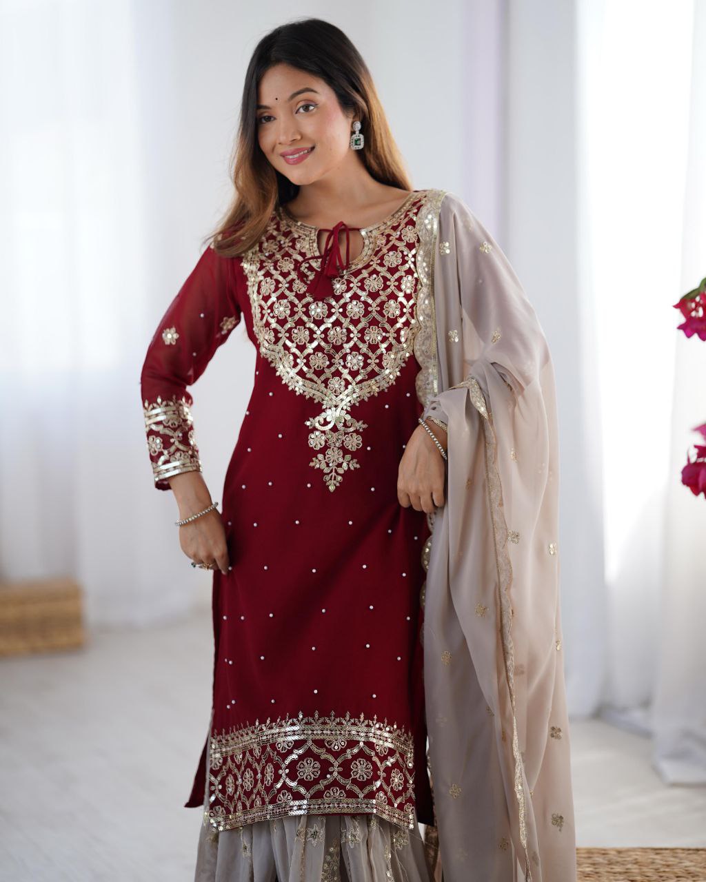 Ready To Wear Maroon Soft Georgette Embroidery Work Gharara Suit With Dupatta