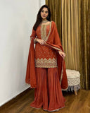 Ready To Wear Orange Silk Embroidery Work Sharara Suit With Dupatta