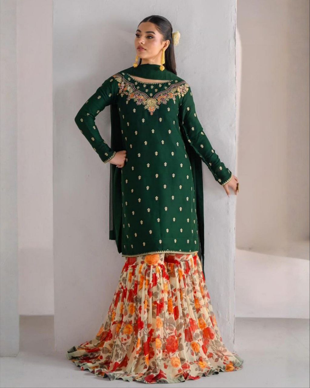 Ready To Wear Green And Floral Soft Georgette Sharara Suit With Dupatta