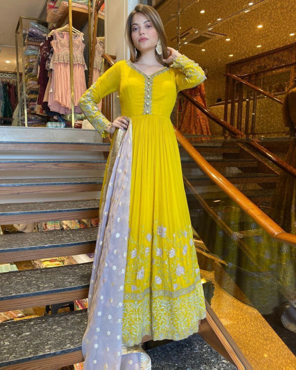 Georgette Yellow Faux Georgette Embroidery Work Anarkali Suit With Dupatta