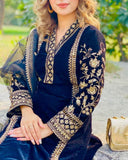 Royal Blue Micro Velvet Embroidered Pakistani Suit with Dupatta