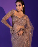 Gorgeous Mud Mono Net Embroidery Work Saree With Blouse