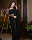Gorgeous Black Mono Net Embroidery Work Saree With Blouse