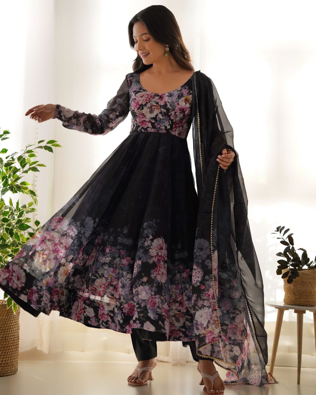 Gorgeous Black Organza Silk Floral Print Anarkali With Dupatta