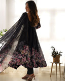 Gorgeous Black Organza Silk Floral Print Anarkali With Dupatta