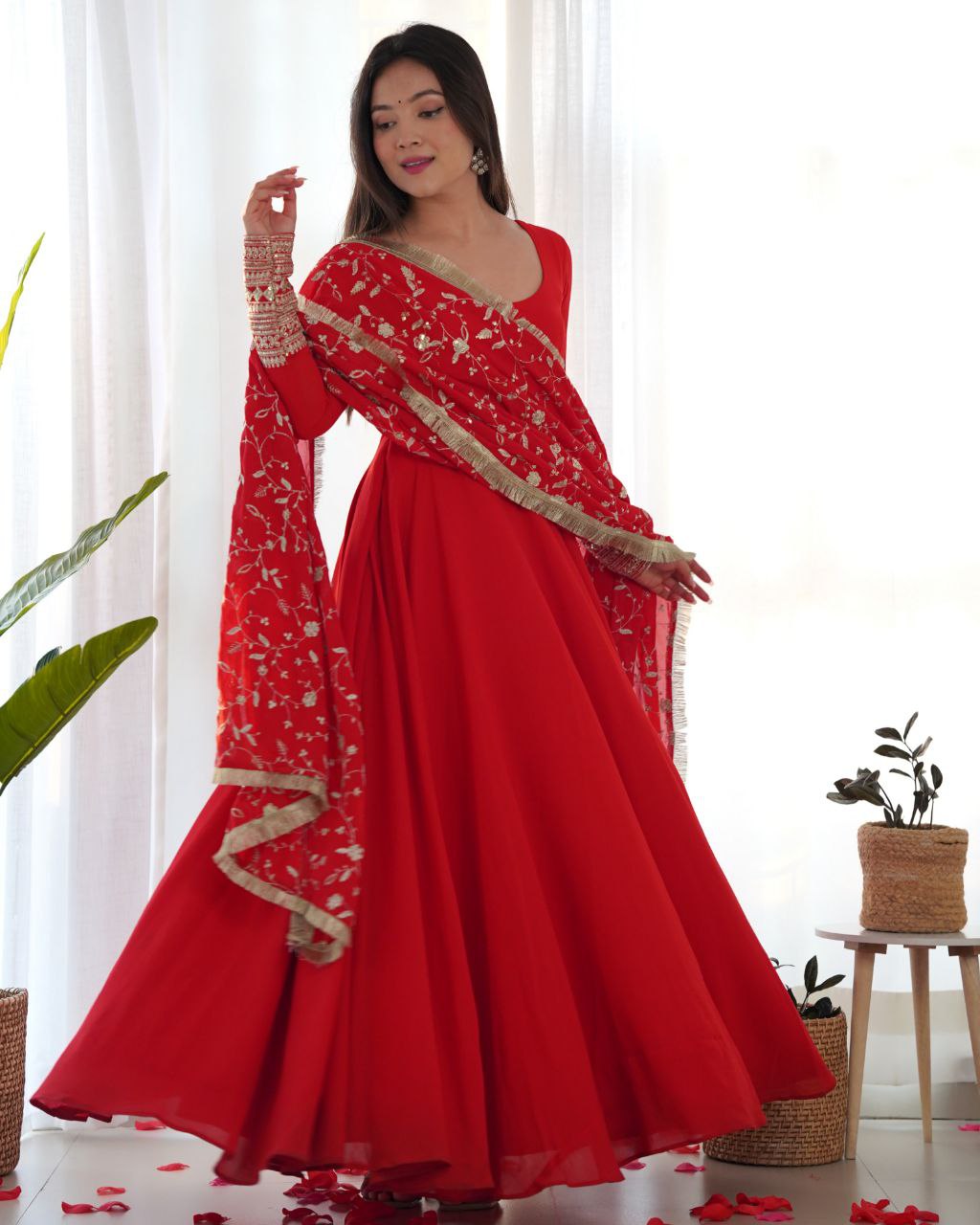 Gorgeous Red Orange Faux Georgette Emrboidery Work Anarkali Gown With Dupatta