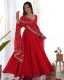 Gorgeous Red Orange Faux Georgette Emrboidery Work Anarkali Gown With Dupatta