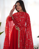Gorgeous Red Orange Faux Georgette Emrboidery Work Anarkali Gown With Dupatta