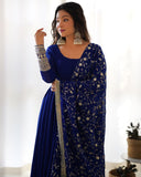 Gorgeous Blue Faux Georgette Emrboidery Work Anarkali Gown With Dupatta